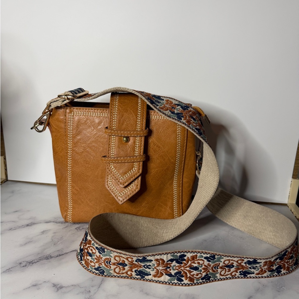 Leather Boho Crossbody Bag with Embroidered Strap